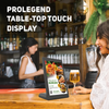Table-top touch display in a restaurant setting with a woman ordering a burger.